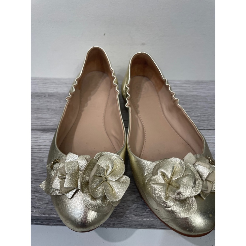 Tory Burch Minnie Travel Ballet Flats Gold Metallic Leather Flower Womens 6.5